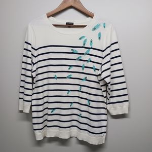 Talbots Knit Sweater Women Plus Size X Cream Blue Stripes Feathers 3/4 Sleeve